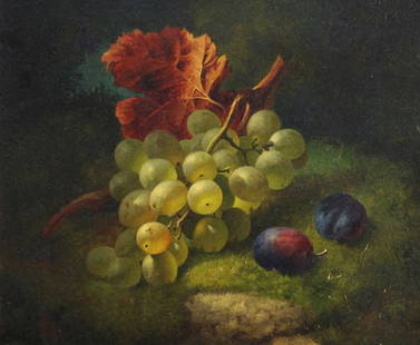 Edward Ladell, Still Life with Grapes and Plums: Stunning realist tabletop still life by British painter, 1866 Oil on board, 10 x 12 inches, 18 x 20 inches in ornate frame Signed "EL 1866" in the lower left. Provenance: Hirsch & Adler Gallery, Priva