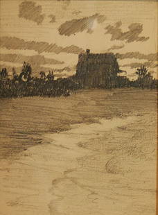 Henry Bayley Snell, House at Sunset: Artist Name: Henry Bayley Snell Dates: 1858 - 1943 Title: House at Sunset Date: 1899 Frame: conservation framing Medium: pencil drawing on paper Signature: accompanied by a let