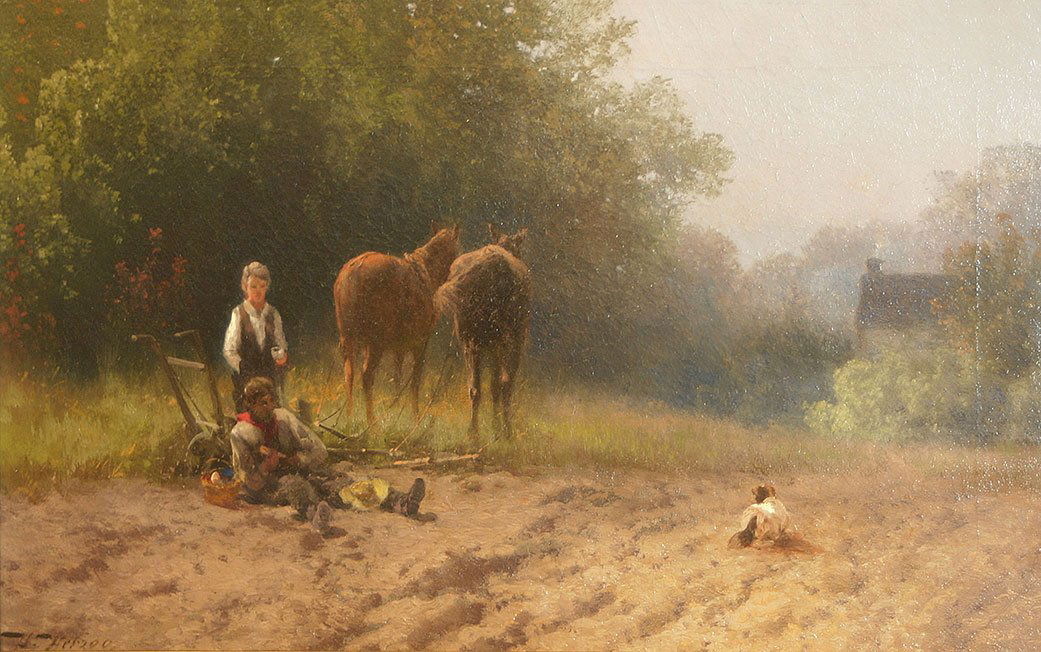 Hermann Herzog, Taking a Break: Artist Name: Hermann Herzog Dates: 1831 - 1932 Title: Taking a Break Date: c. 1880s Frame: Original frame; it has been reguilded Medium: oil on canvas Signature: signed at lower
