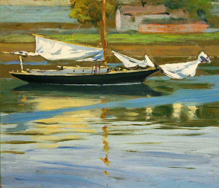 Henry Bayley Snell, Sailboat with Lowered Sails: Artist Name: Henry Bayley Snell Dates: 1858 - 1943 Title: Sailboat with Lowered Sails Frame: 22 K Reproduction Frame Medium: oil on canvas, mounted Signature: accompanied by a letter from