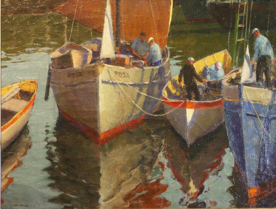 Harry Leith Ross, Seiners: Artist Name: Harry Leith Ross Dates: 1886 - 1973 Title: Seiners Frame: 22K white gold Reproduction Frame Medium: oil on canvas Signature: signed at lower left: "Leith Ross" Size: </
