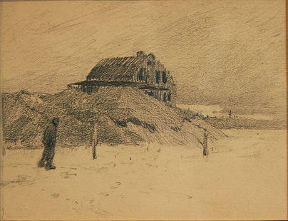 Henry Bayley Snell, Figure and Cottage: Artist Name: Henry Bayley Snell Dates: 1858 - 1943 Title: Figure and Cottage Date: 1899 Frame: conservation framing Medium: pencil drawing on paper Signature: accompanied by a