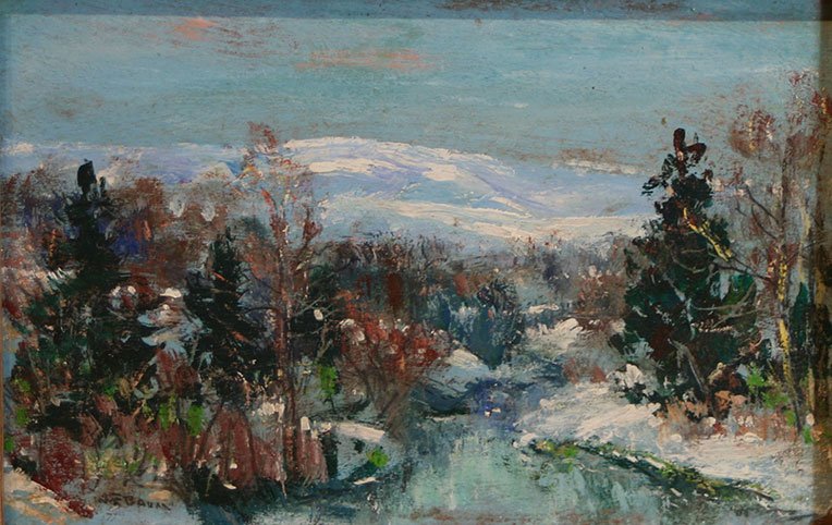 Walter Emerson Baum, Winter Stream: Artist Name: Walter Emerson Baum Dates: 1884 - 1956 Title: Winter Stream Frame: reproduction frame Medium: oil on board Signature: signed at lower left: "WE Baum" Size: 4" x 6"