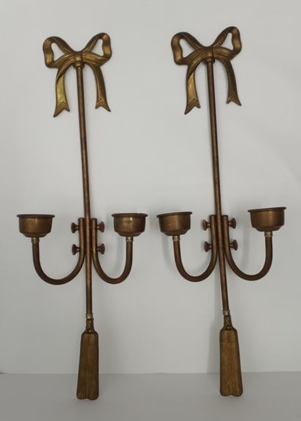 Pair of Vintage French Style Brass Bow & Tassel Wall Candle Sconces (1 of 4)
