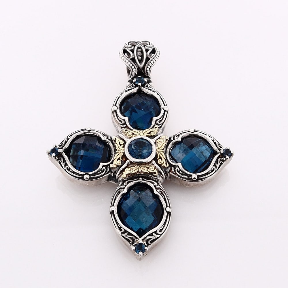 Konstantino Sterling Silver and 18k Yellow Gold Faceted London Blue Topaz Cross Pendant (1 of 2)