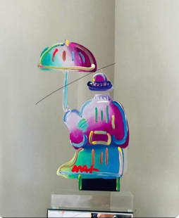 Peter Max Umbrella Man Ver II num 162: Peter Max Umbrella Man Ver II 162 UNIQUE 2016 17 7/8 x 13 Acrylic sculpture hand painted in the Peter Max Studio Hand-signed in pigment lower center by the artist gallery framed