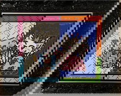 Cat Love For You: Romero Britto CAT LOVE FOR YOU UNIQUE 2017 24 x 30 image size 40 x 34 framed Mixed-media with acrylic painting, oil pen drawing, diamond dust and giclee on canvas This has overpaint in acrylic