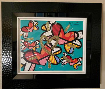 Romero Britto in the Air Teal & pink XV Unique: Romero Britto In the Air Teal & Pink XV 2018 16 x 20 image size mixed media with acrylic painting, oil pen drawing, and diamond dust on canvas Hand-signed in pigment upper right by the artist Signed a