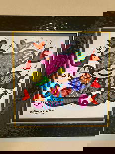 Romero Britto Memory: Romero Britto Memory 2017 21 x 21 image size mixed media with acrylic painting, oil pen drawing and diamond dust on giclee on canvas Hand-signed in pigment lower left by the artist Signed and dated on