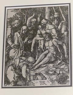 Lamentation of Christ: Albrecht Durer "The Lamentation of Christ" from The Small Passion 1508-1510 M.152 5" x 3 7/8" Image size. Woodcut on laid paper with full margins. Signed in the block with the momgram of the artist lo