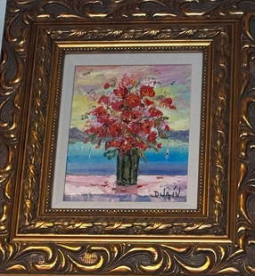 Duaiv  Petale De Coquelicots  Original: Duaiv ORIGINAL "PETALE DE COQUELICOTS" 2016 Original oil painting on canvas Signed and titled on the verso Image is 10" x 8" Framed 21" x 18" x 1" COA and Appraisal