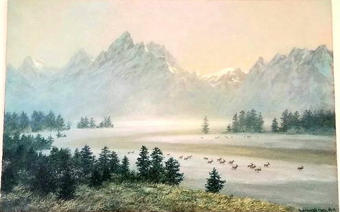 Grand Teton National Park Whyoming-Snake River: Alexander Chen "Grand Teton National Park Whyoming-Snake River" 2018 11" x 17" Image size Acrylic painting on board mounted on a black masonite (16x20) Hand-signed in pigment lower right by the artist