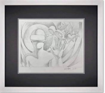 Mark Kostabi Diving Adjustment: Mark Kostabi "Divine Adjustment" 2022 Original Drawing COA