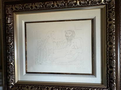 Pablo Picasso  Le Repos du Sculpteur Devant le Jeune Cavalier: Pablo Picasso "Le Repos du Sculpteur Devant le Jeune Cavalier" From the Suite Vollard 1933 7 3/4" x 10 1/2" Image size Etching on Montval laid paper, signed in pencil lower right from the edition of 2
