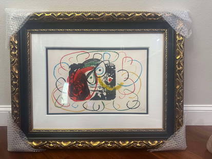 Joan Miro  L'Enfance d'Ubu (pl. XXIV): Joan Miro "L'Enfance d'Ubu (pl. XXIV)" 1975 12 3/4" x 19 3/4" image size Lithograph in colors on Arches wove paper. Signed by the artist in pencil, lower right, and numbered. Gallery framed, COA, Appr
