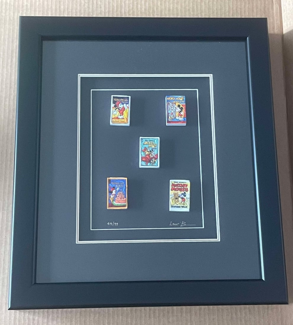 Leslie Lew Working Mickey / Matchbox: Leslie Lew "Working Mickey / Matchbox" 2022 11 x 8 1/2" image size Matchboxes with sculpted acrylic on canvas. Signed in pigment lower right by the artist. Gallery framed, COA