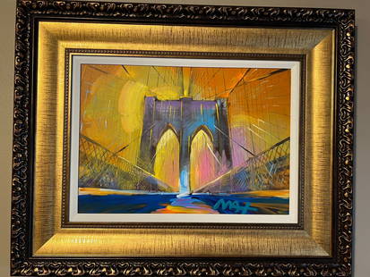 Peter Max  Brooklyn Bridge Ver I  num 185: Peter Max "Brooklyn Bridge Ver I # 185" 16" x 22 1/2" image size Mixed media painting on canvas. Hand-signed in pigment lower right by the artist. A Unique work Gallery framed, COA, Appraisal