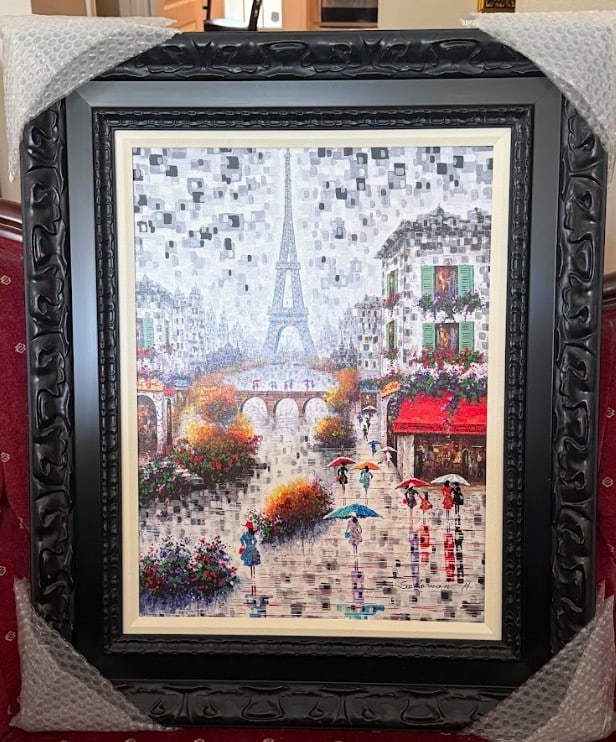 Solomon Hwang Afternoon in Paris: Solomon Hwang "Afternoon in Paris" 2023 22" x 16 1/2" image size Giclee in color with hand-embellishment on canvas. Hand-signed by the artist. Gallery framed, COA, Appraisal, JKM