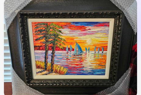 Sailing Away: Slava Ilyayev "Sailing Away "commission Ross UNIQUE 2022 12" x 16" image size Oil painting on canvas. Hand-signed in pigment by the artist. Gallery framed COA