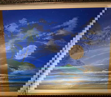 Moonlit Surf: James Coleman "Moonlit Surf" 2006 16" x 20" image size. Oil painting on masonite board. Signed in pigment lower right by the artist. A unique work. COA Gallery framed