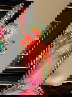 Peter Max  Statue of Liberty Ver I num  135: Peter Max "Statue of Libery Ver I # 135" 2017 22" x 10" Acrylic sculpture hand painted in the Peter Max Studio. Hand-signed in pigment lower center by Peter Max. This is a unique work. This is the lar