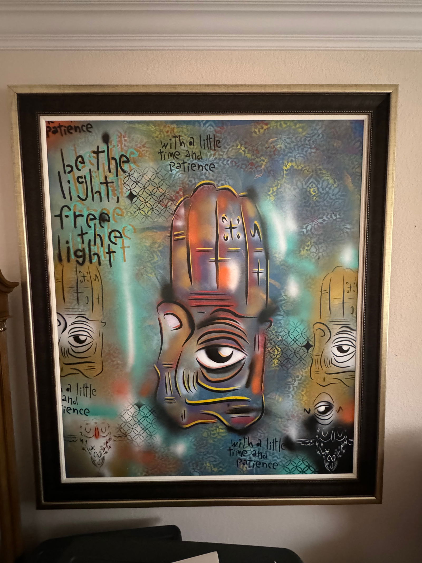 David Le Batard (As Lebo) Be the Light, Free the Light Unique: David Le Batard (as Lebo) "Be the Light, Free The Light" 2019 71" x 60" image size Acrylic painting on canvas. Gallery framed, COA, Appraisal, JKM