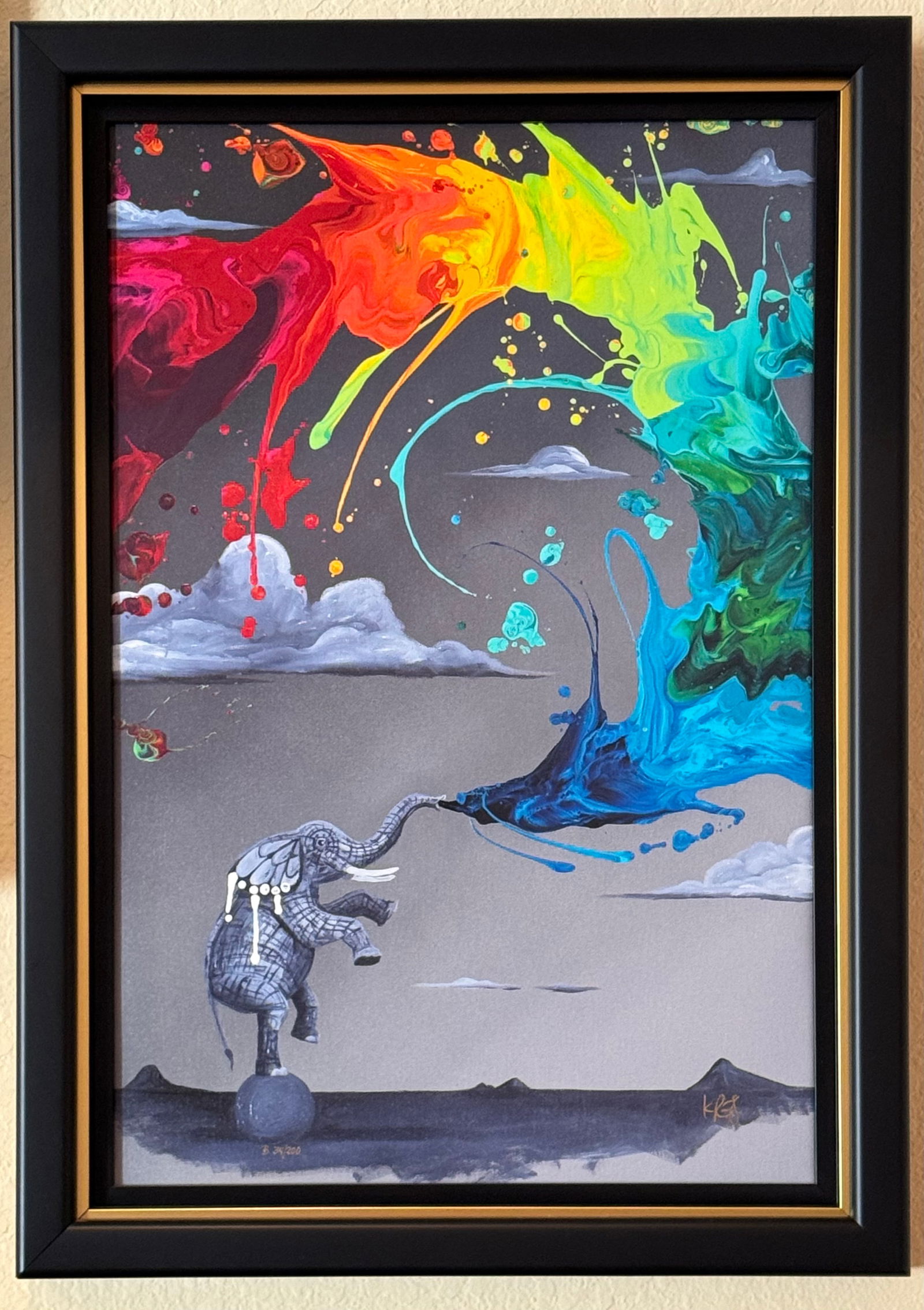 Kre8 Elegant Balance: Kre8 "Elegand Balance" 2021 27 5/8" x 18 3/8" image zise Giclee in color with hand-embellishment on canvas. Hand-signed by the artist. Gallery framed, COA, Appraisal. JKM