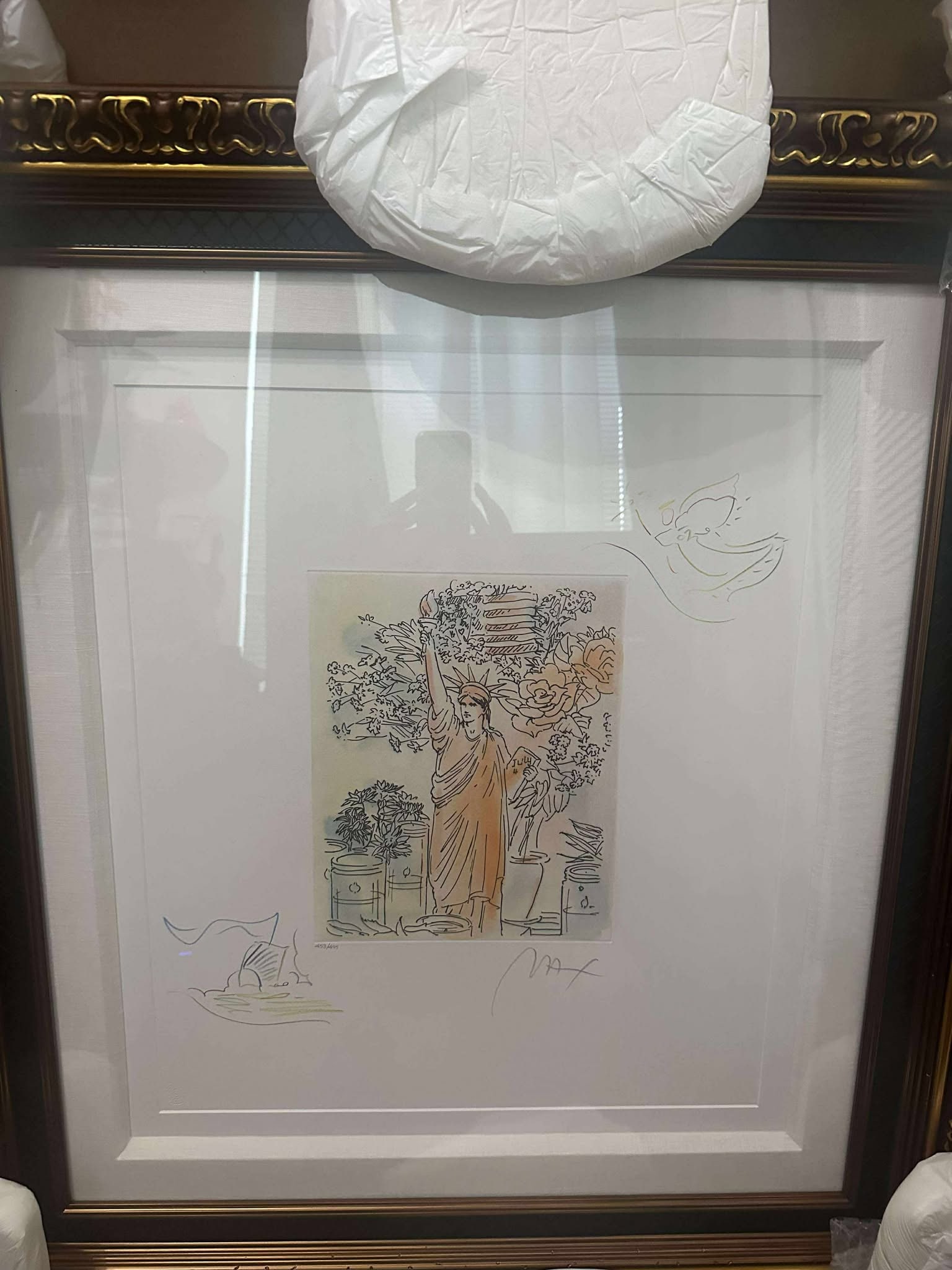 Peter Max Land of the Free (Saliboat/Flying Angel): Peter Max "Land of the Free (Sailboat/Flying Angel)" 2018 11 1/8" x 8 7/8" image size Etching with hand-coloring and unique, hand-drawn colored pencil remarques of a sailboat in the lower left corner