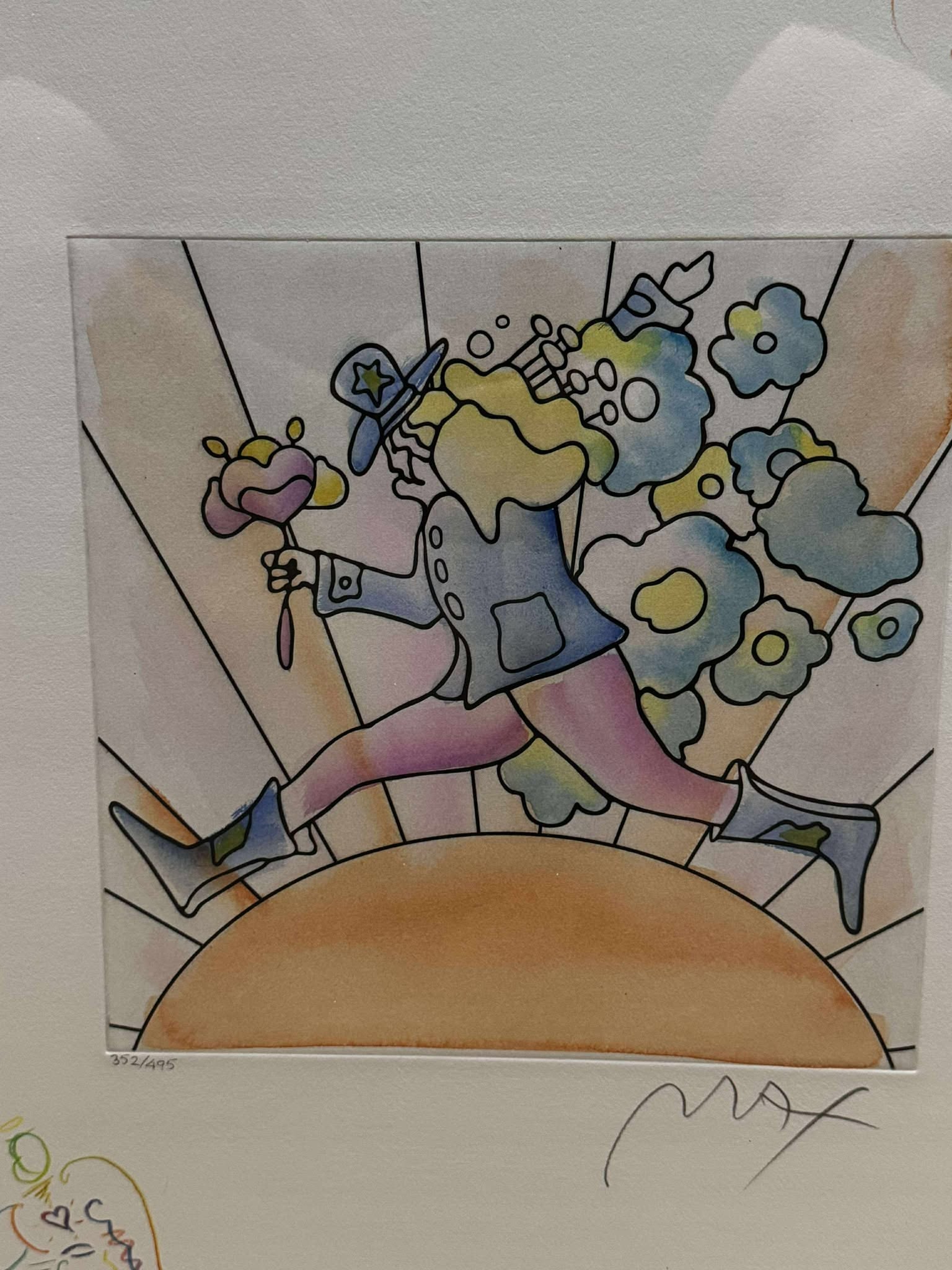 Peter Max Flower Jumper Over Sunrise: Peter Max "Flower Jumper Over Sunrise" 2016 9 7/8" x 9 7/8" image size Etching with hand coloring and unique had drawn remarques of Angel with Heart in the lower left and Profile in the upper right. O