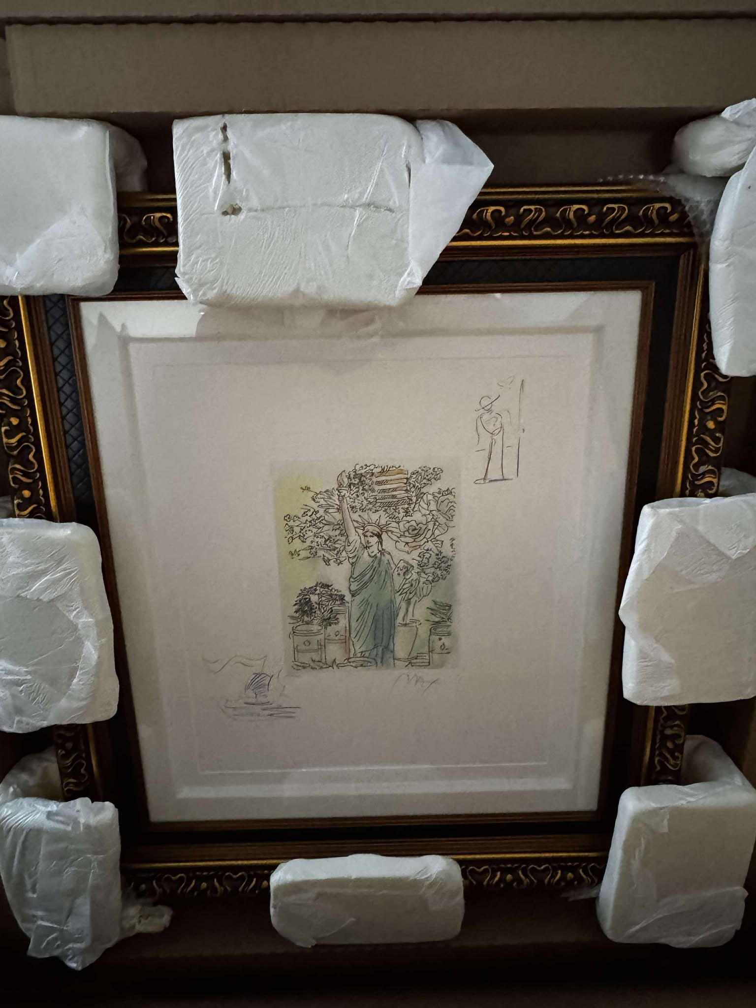 Peter Max Land of the Free: Peter Max "Land of the Free" 2018 11 1/8" x 8 7/8" image size Etching with hand coloring and unique hadn drawn remarques of a sailboat in the lewer left and sage with crane in the upper right on woven