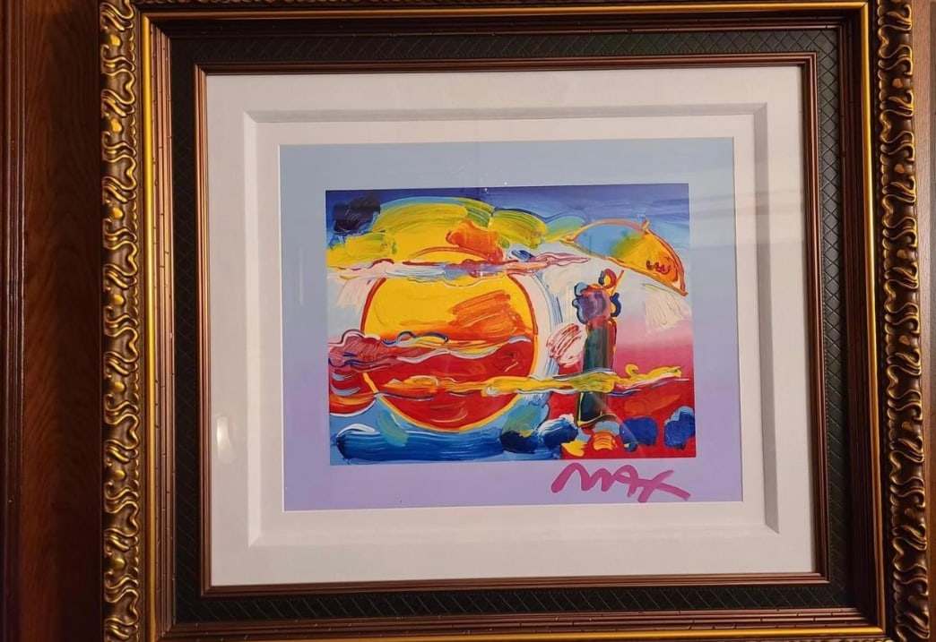 Peter Max New Moon: Peter Max "New Moon" UNIQUE 2016 15 1/4? x 19? image size Mixed media with Acrylic painting and color serigraphy on wove paper from the Peter Max Studio. Hand-signed in acrylic by Peter Max COA