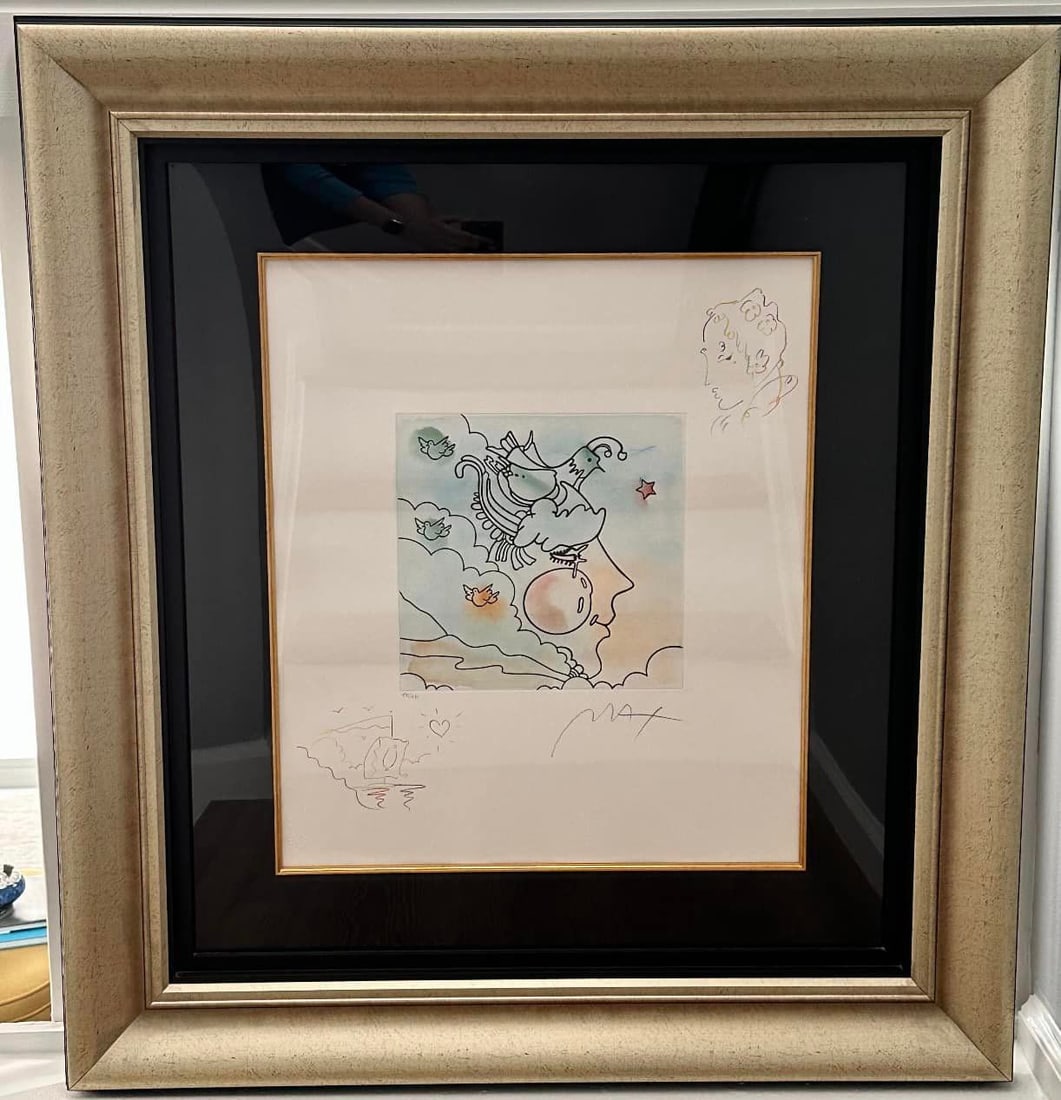 Woodstock Series: Profile: PETER MAX Woodstock Series: Profile UNIQUE 2016 10" x 10 1/8" image size Etching with hand-coloring and unique, hand-drawn colored pencil remarques of a Profile in the upper right corner and sailboat