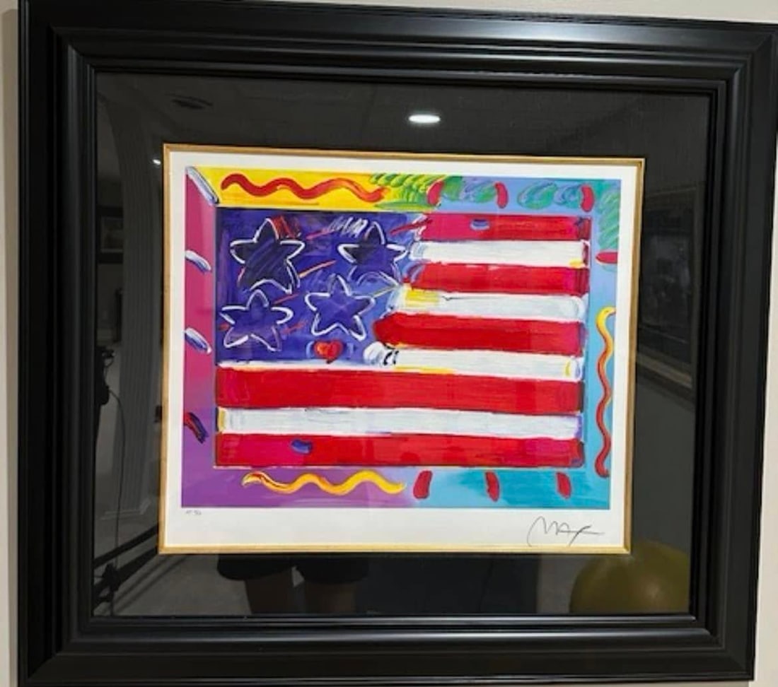 Peter Max Flag with Heart: Peter Max "Flag with Heart" 2012 14 7/8" ? 19 1/4" image size Serigraph In color on wove paper from the Peter Max Studio. Hand-signed by Peter Max in pencil LE Gallery Matted and framed COA