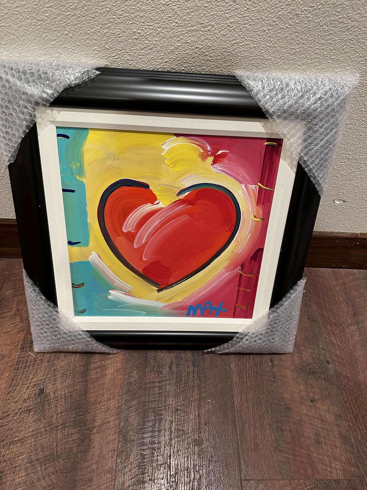 Peter Max Heart Series V Ver. Iv num147 Unique: Peter Max "Heart Series V Ver. IV #147" 2017 16" x 16" image size Acrylic Painting on canvas from the Peter Max Studio. Hand-signed in pigment lower right by the artist. A Unique work. Gallery framed,