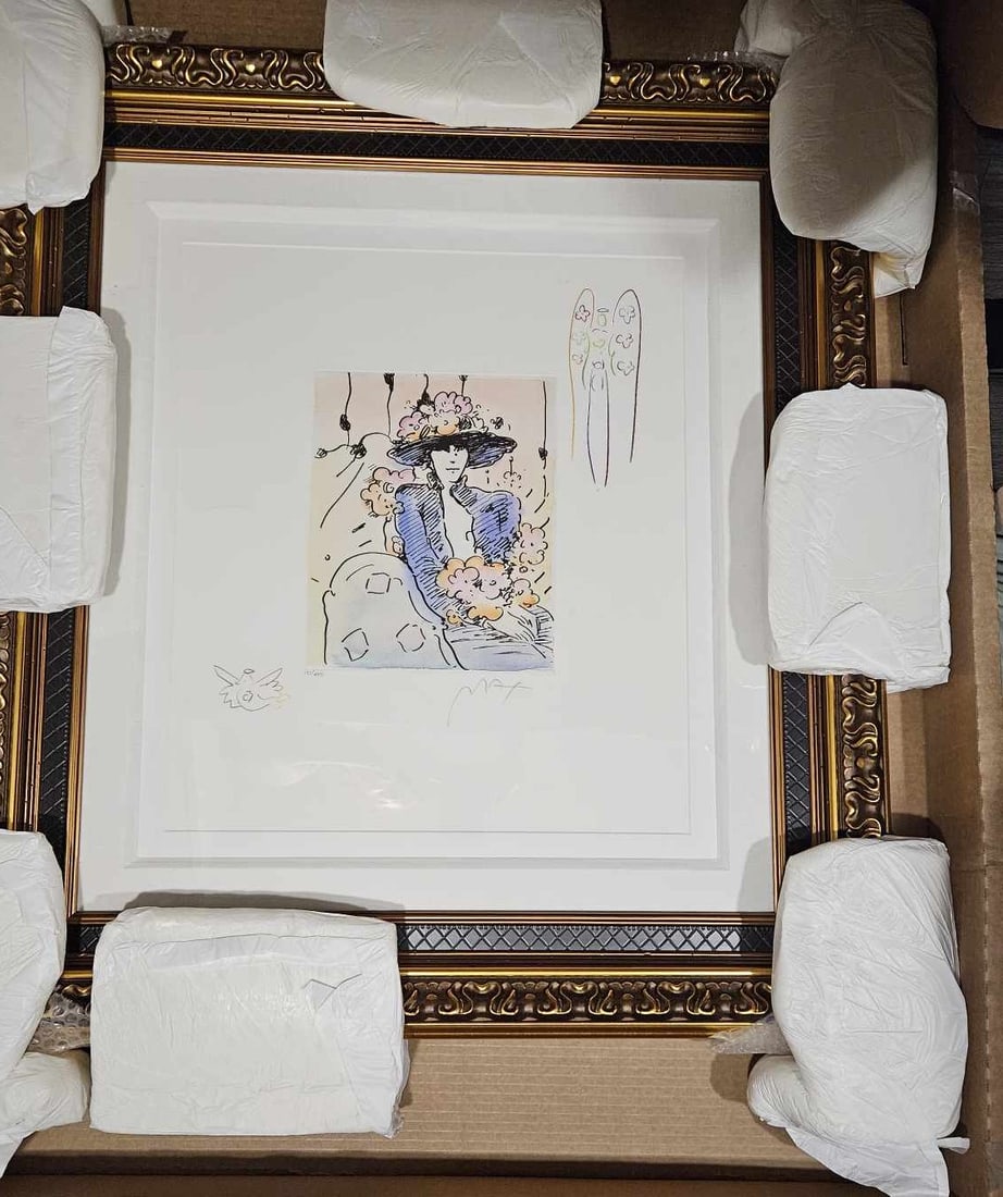 Peter Max Brown Lady (Dove/Angel with Heart) unique: Peter Max "Brown Lady (Dove/Angel with Heart)" Unique 2017 11 1/8" x 8 7/8" image size Etching with hand-coloring and unique hand drawn colored pencil remarques of a dove in the lower left corner and