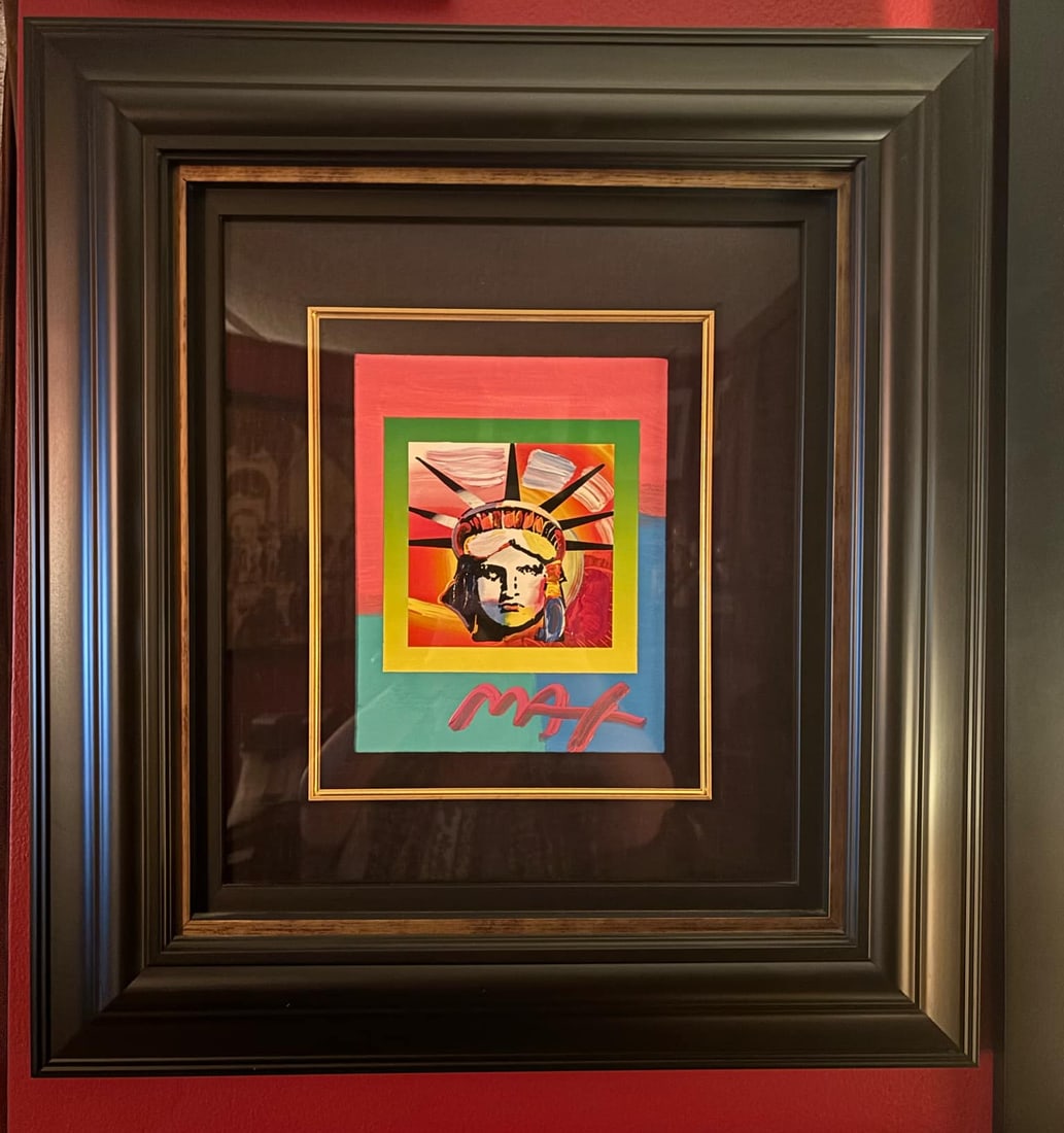 Peter Max Liberty Head II on Blends: Peter Max "Liberty Head II on Blends" Americana Suite 2006 10" x 8" image size. Mixed media with acrylic painting and color lithography on paper. Signed in acrylic. A unique work. Gallery framed, CAO,