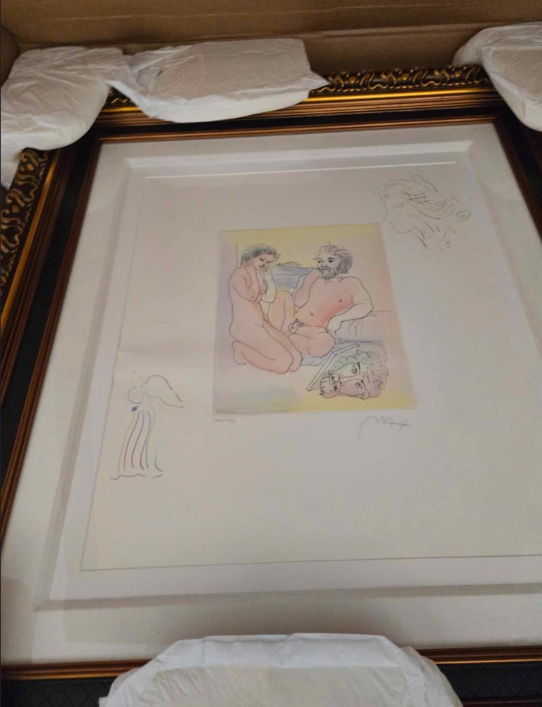 Peter Max Homage to Picasso: Peter Max "Homage to Picasso I (Angel/Profile)" 2017 11 1/8" x 8 7/8" (Image size) Etching with hand-coloring and unique, hand-drawn colored pencil remarques of an Angel in the lower left corner and P