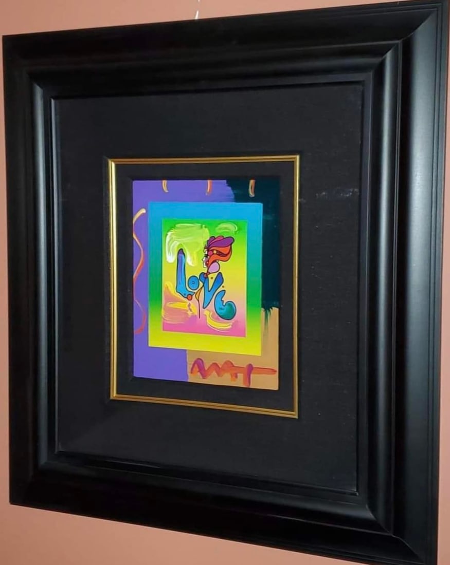 Love on Blends: Peter Max "Love on Blends" UNIQUE (2006) 10" x 8" image size (23 1/2" x 21 1/2 " Framed) Mixed Media with Acrylic Painting and Color Lithography on Paper. A Unique Variation.