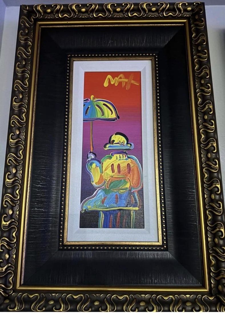 Peter Max Umbrella Man on Blend Detail ver.IV num 214 UNIQUE: Peter Max "Umbrella Man on Blend Detail ver.IV #214" UNIQUE 2018 15" x 6" image size Acrylic painting on canvas from the Peter Max Studio. Hand-signed in pigment upper right by the artist. Gallery fra