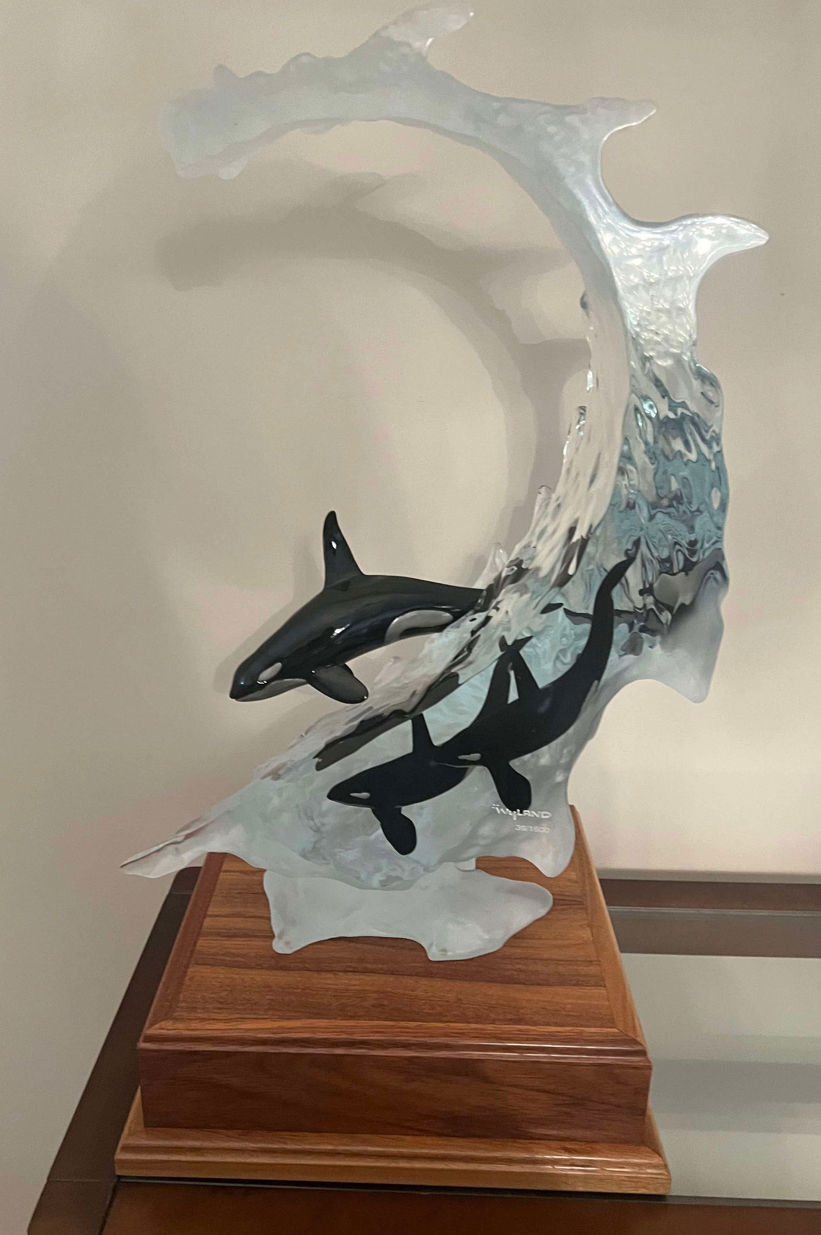 Wyland Orca Sea Sculpture: Wyland "Orca Sea" 2006 16" x 10" x 22" lucite sculpture SN COA
