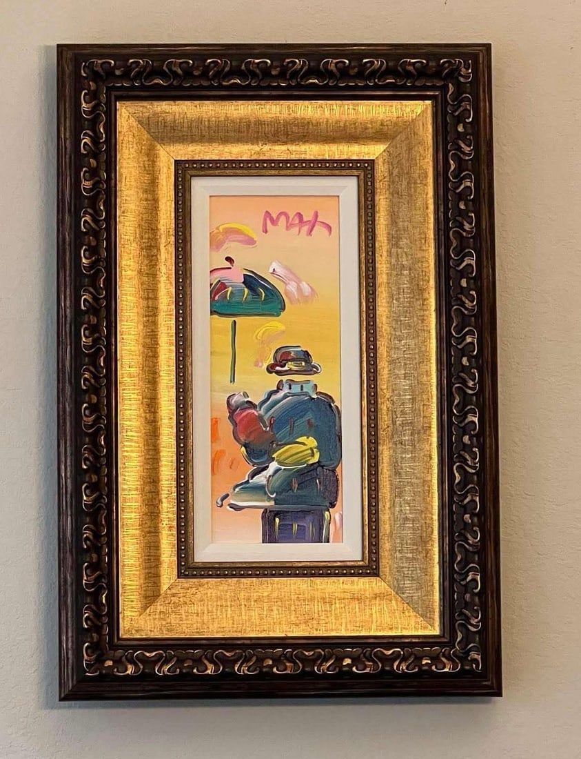 Peter Max Umbrella Man on Blend Detail ver. IV num 298 Unique: Peter Max "Umbrella Man on Blend Detail ver IV #298" 2019 15" x 6" image size Acrylic painting on canvas from the Peter Max Studio. Hand-signed in pigment upper right by the artist. A Unique work. Gal