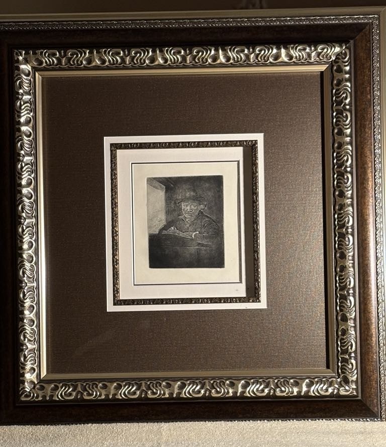 Rembrandt Self Portrait drawing at a Window (Millennium): Rembrandt "Self Portrait Drawing at a Window (Millennium) 1648 6 1/4" x 5 1/8" image size Etching on Ingres d'Arches off-white laid paper (watermark) with large margins. Signed and dated in the plate