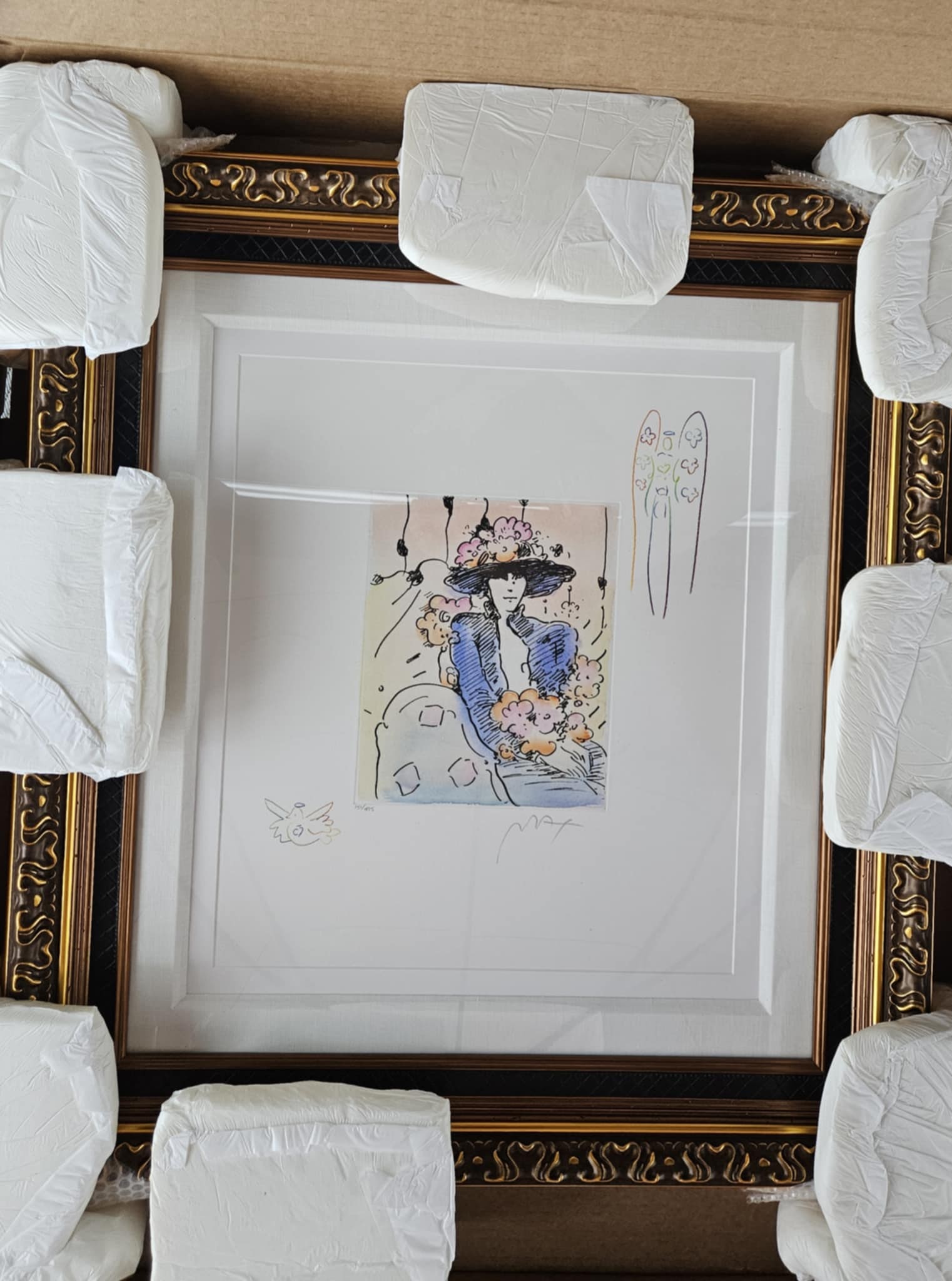 Peter Max Brown Lady (Dove/Angel with Heart) unique: Peter Max "Brown Lady (Dove/Angel with Heart)" Unique 2017 11 1/8" x 8 7/8" image size Etching with hand-coloring and unique hand drawn colored pencil remarques of a dove in the lower left corner and