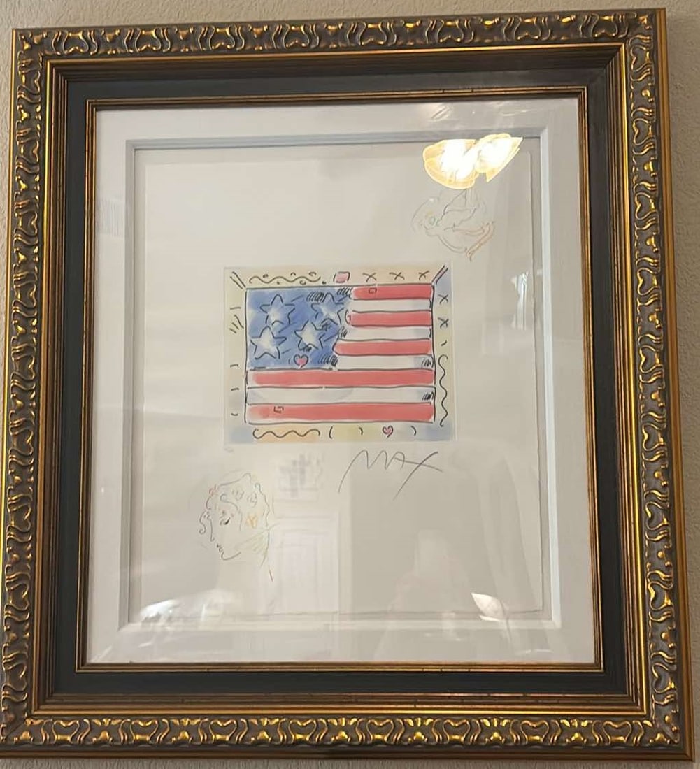 Flag with Heart: Peter Max "Flag with Heart" Classic Suite 2015 11 1/4"x9" (Image size) Etching with hand-coloring and unique, hand-drawn colored pencil remarques of an Angel with Heart and Profile on woven paper. Han