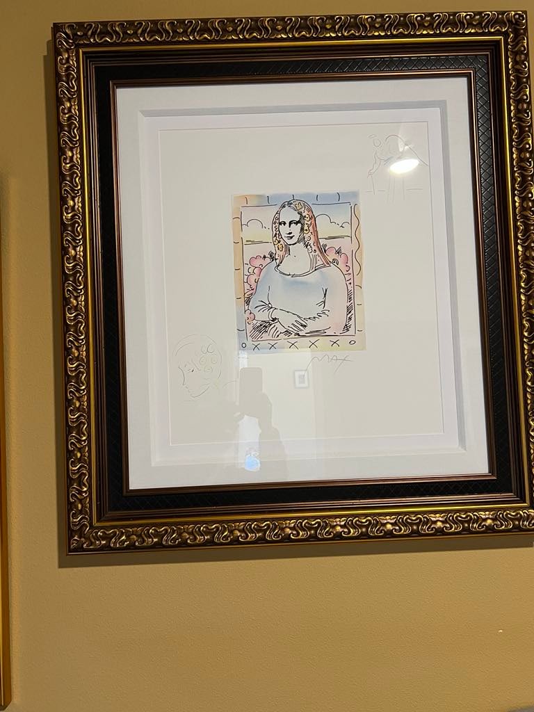 Peter Max Mona Lisa (Profile/Angel with Heart): Peter Max "Mona Lisa (Profile/Angel with Heart)" 2017 11" x 9" image size Etching with hand-coloring and unique, hand-drawn colored pencil remarques of a Profile in the lower left corner and Angel wit