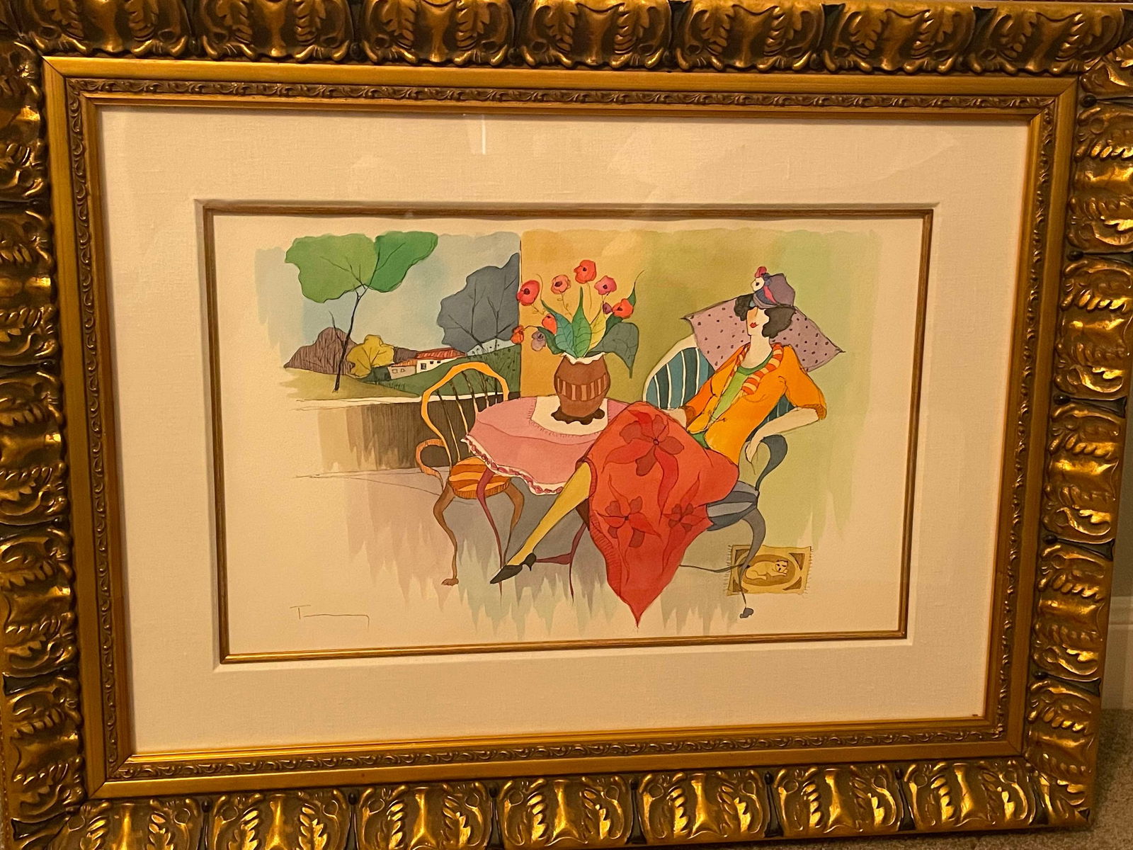 Itzchak Tarkay Wonderous View num 23: Itzchak Tarkay "Wonderous View #23" 2006 14 1/2" x 22" image sizeWatercolor over serigraph line drawing on wove paper. Signed in pencil lower left. A Unique work. One of a series of watercolors by Tar