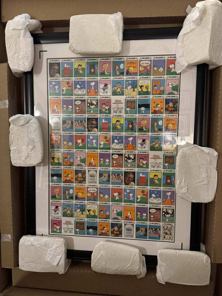 Animation art - Peanuts -Uncut sheet of trading: Animation Art "Peanuts - Uncut sheet of trading" 1991 37 1/4" x 25 3/4" image size Lithograph on wove paper of uncut trading cards. Gallery framed, COA, Appraisal. BA