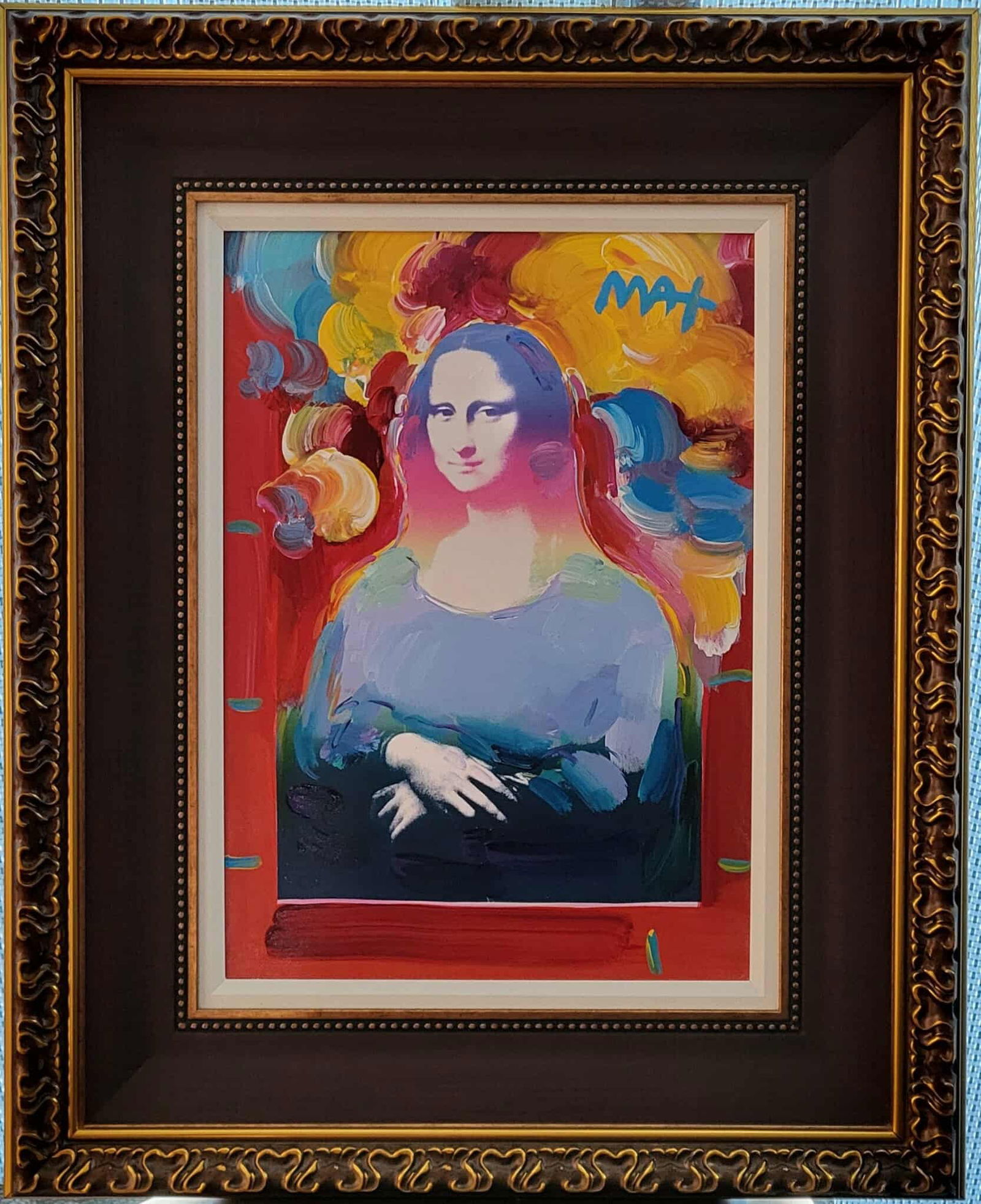 Peter Max Mona Lisa (Full Body) Ver III num 163: Peter Max "Mona Lisa (Full Body) Ver. III #163" 2018 22 1/2" x 16" image size Mixed media painting on canvas from the Peter Max Studio. Hand-signed in pigment upper right by the artist. A unique work.