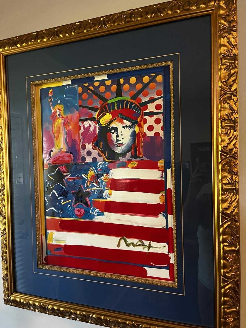Peter Max God Bless America II: Peter Max "God Bless America II" 2001 24" x 18" image size Mixed media with acrylic painting and color lithography on paper. Signed in acrylic. A unique variation Gallery framed, COA, Appraisal, SLJ