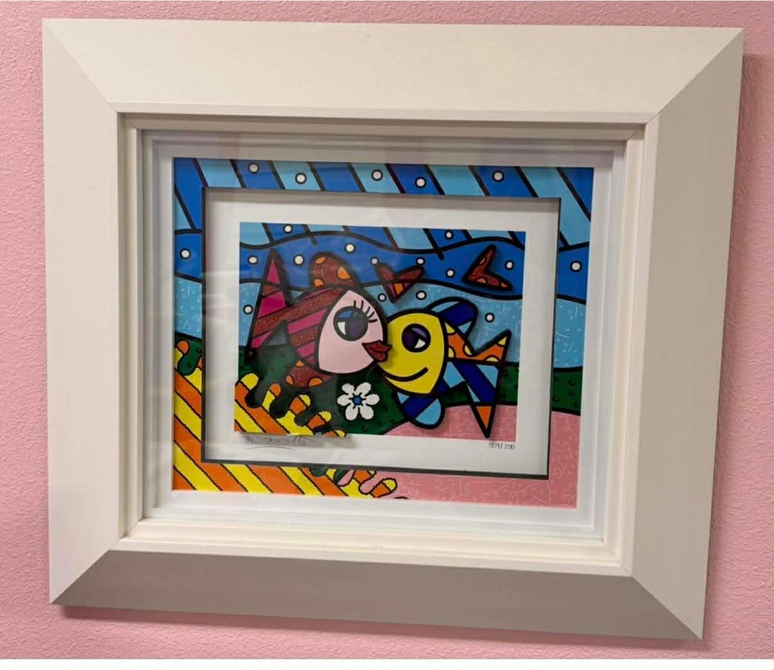 Romero Britto Happy Days: Romero Britto "Happy Days" 2016 13" x 15 3/4" image size Three-dimensional serigraphy construction in color with cut-outs in serigraphy. Signed in pencil lowere left by the artist. Gallery framed, COA